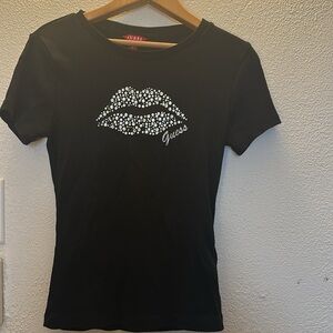 Guess Black Tee with Rhinestone Lip Design Size S